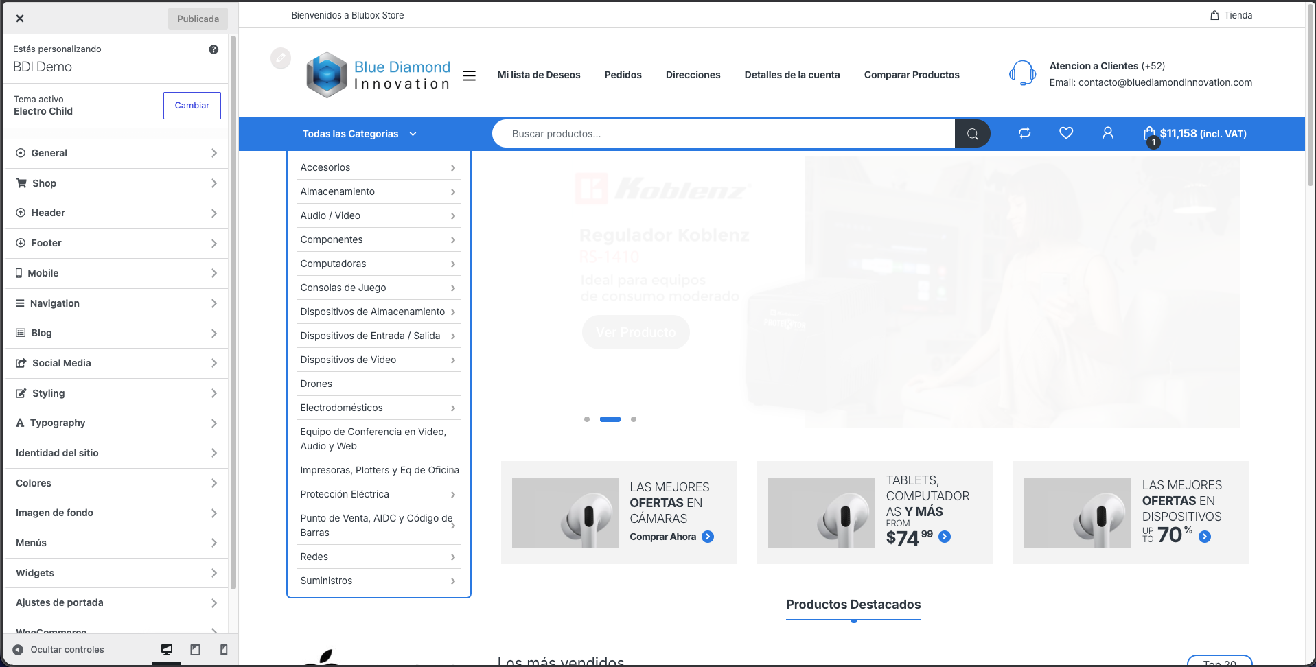 Personalizador del tema Electro con la tienda a la derecha y las opciones a la izquierda