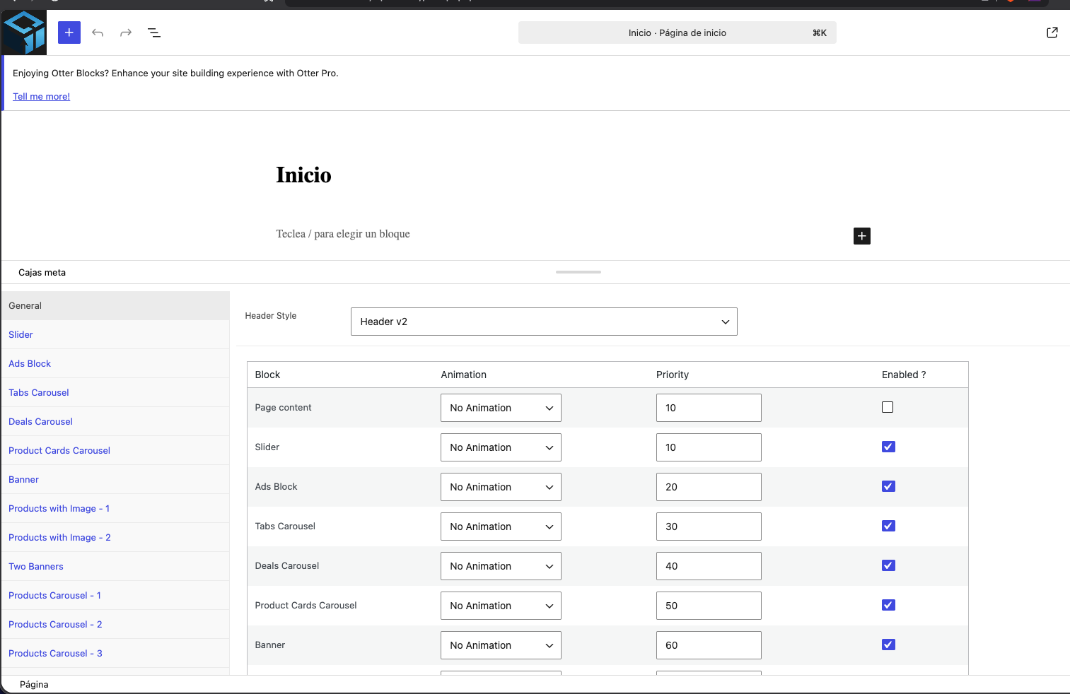 Editor de la página Inicio con la tabla de bloques: Slider, Ads Block, Deals Carousel y su prioridad