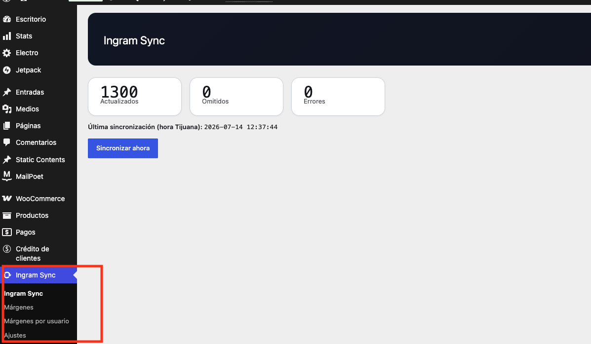 Pantalla Ingram Sync con contadores de Actualizados, Omitidos y Errores, botón Sincronizar ahora y el submenú Márgenes